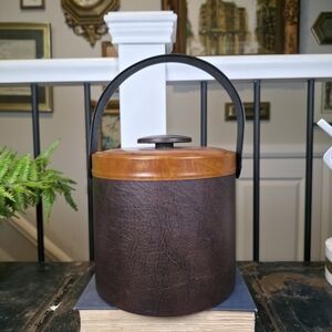 ​Vtg George Briard Two-Tone Faux Leather Ice Bucket Brown Tan MCM Barware USA